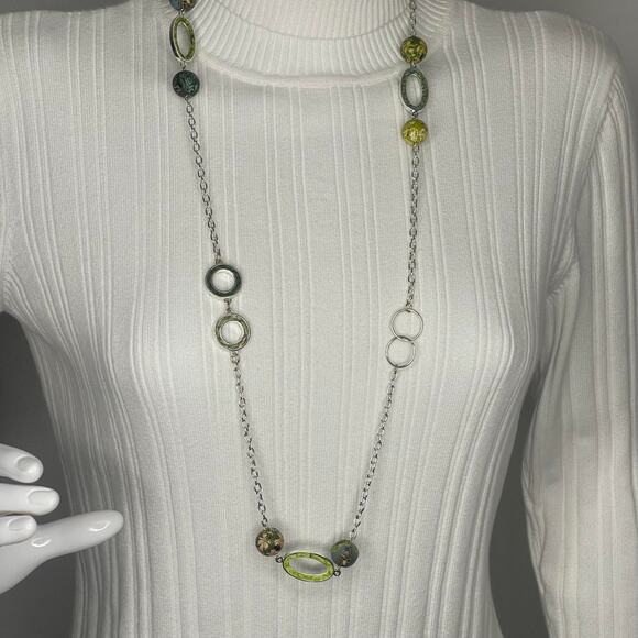 Viva Beads silver necklace silver tone green clay beads signed chunky beaded - Picture 1 of 11